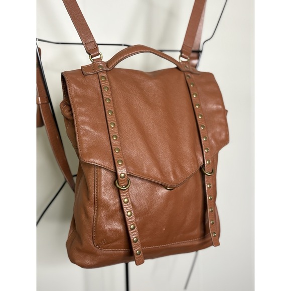 Lucky Brand Leather Brown Cognac Backpack Gold Studded Adjustable‎ Straps